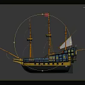 Vintage Sailing Ship Model with White Sails Red Flag and Yellow Blue Hull