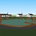Scenic Garden Landscape With Pond Water Wheel Thatched Umbrellas Cottages And Wooden Fence
