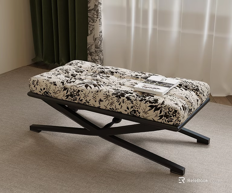 Floral Patterned Fabric Sofa Bench With Black Cross Legs And Magazine On Top 3d model 