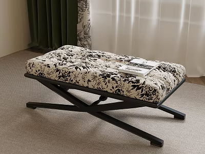 Floral Patterned Fabric Sofa Bench With Black Cross Legs And Magazine On Top 3d model