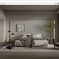Modern Bedroom Interior Design With Neutral Tones Bed Pillows Wall Art And Green Plant