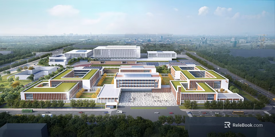 Modern School Building Complex With Green Roofs Open Plaza And Surrounding Trees 3d model 