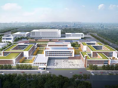 Modern School Building Complex With Green Roofs Open Plaza And Surrounding Trees 3d model