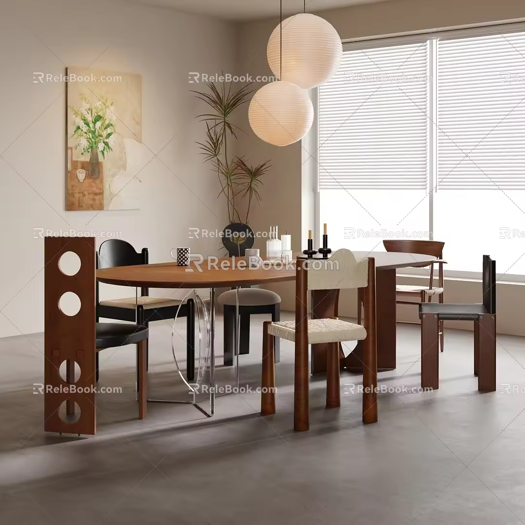 Decorative painting of middle-ancient dining table and chair chandelier 3d model