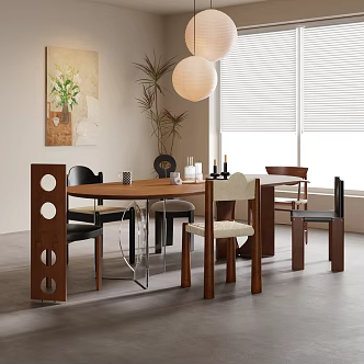 Decorative painting of middle-ancient dining table and chair chandelier 3d model