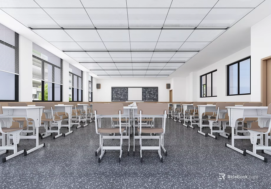 Spacious School Classroom With Rows Of Desks Chairs Blackboard And Windows 3d model 