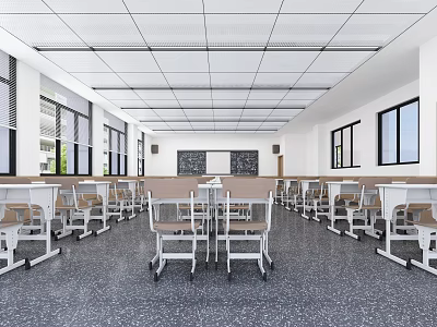Spacious School Classroom With Rows Of Desks Chairs Blackboard And Windows 3d model