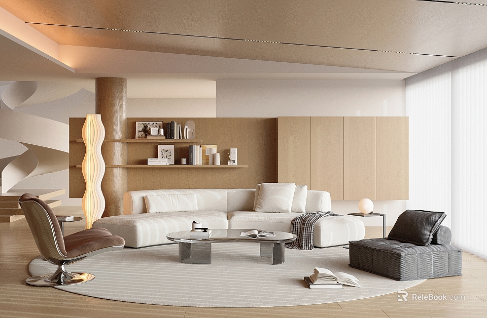 Modern Living Room Interior Design With White Sofa Wooden Accent Wall And Round Area Rug 3d model 