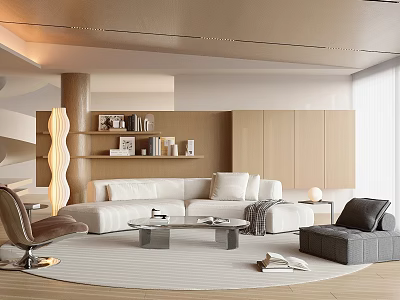 Modern Living Room Interior Design With White Sofa Wooden Accent Wall And Round Area Rug 3d model