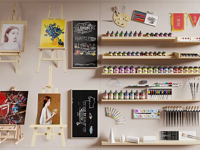 Organized Art Supplies and Musical Instruments Display With Easels Canvases Paints Brushes and Palettes 3d model