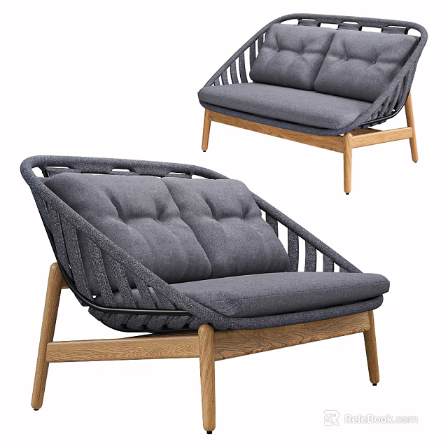 Modern Gray Two Seater Sofa With Wicker Armrests Fabric Cushions And Wooden Legs 3d model 