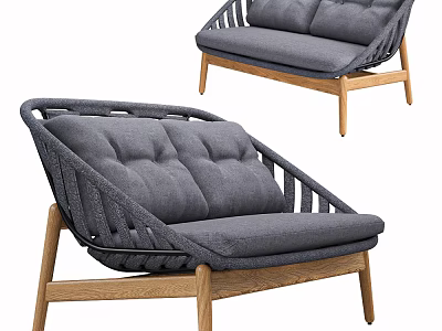 Modern Gray Two Seater Sofa With Wicker Armrests Fabric Cushions And Wooden Legs 3d model