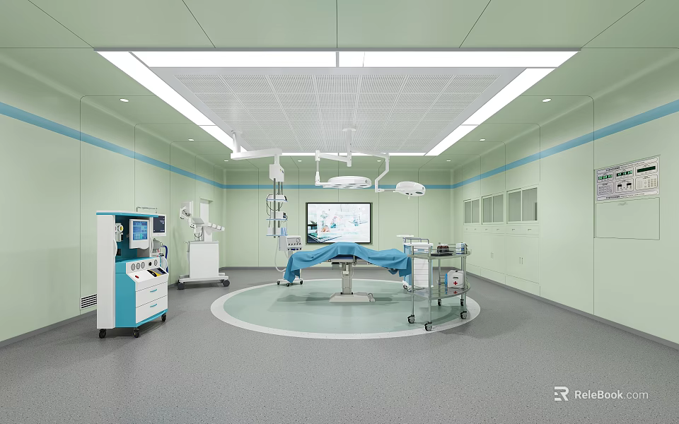 Modern Operating Room With Green Walls Surgical Table Surgical Lights Display Screen And Medical Equipment 3d model 