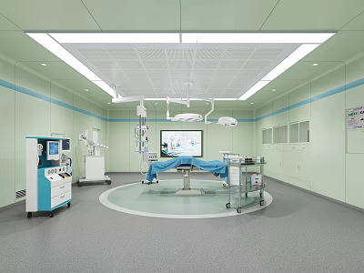 Modern Operating Room With Green Walls Surgical Table Surgical Lights Display Screen And Medical Equipment 3d model