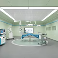 Modern Operating Room With Green Walls Surgical Table Surgical Lights Display Screen And Medical Equipment