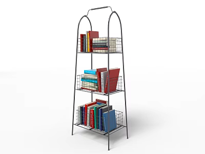 Metal Frame Bookcase With Multiple Wire Basket Shelves Holding Colorful Books 3d model