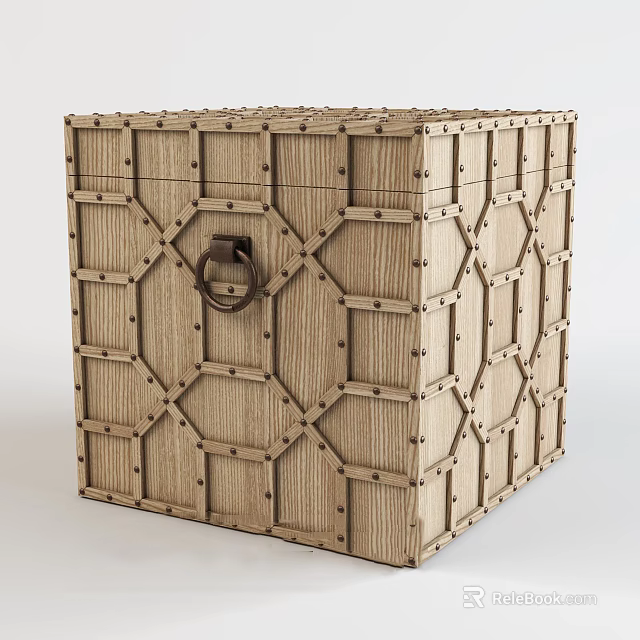 Wooden Trunk with Geometric Pattern Design Metal Ring Handle and Riveted Edges in Vintage Style 3d model 