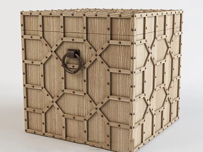 Wooden Trunk with Geometric Pattern Design Metal Ring Handle and Riveted Edges in Vintage Style 3d model