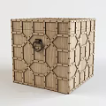Wooden Trunk with Geometric Pattern Design Metal Ring Handle and Riveted Edges in Vintage Style
