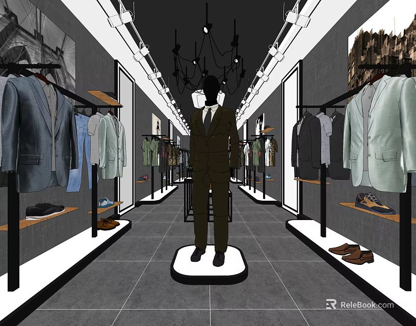 Men's Clothing Store Interior With Suits Shirts Shoes And Mannequin 3d model 
