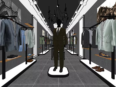 Men's Clothing Store Interior With Suits Shirts Shoes And Mannequin 3d model