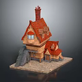 Cartoon Style House With Red Roof Chimney Stone Steps Brown Walls And Windows
