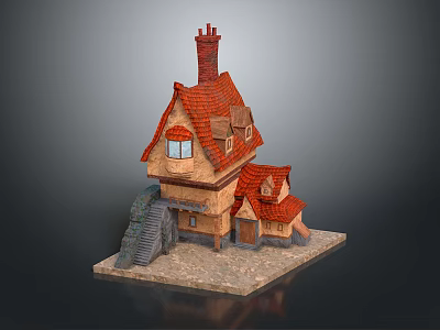 Cartoon Style House With Red Roof Chimney Stone Steps Brown Walls And Windows 3d model