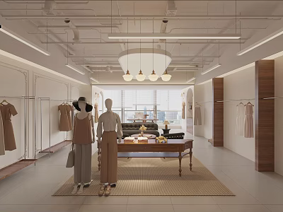 Modern Clothing Store Interior With Mannequins Wooden Racks Chandelier Window And Table Accessories 3d model