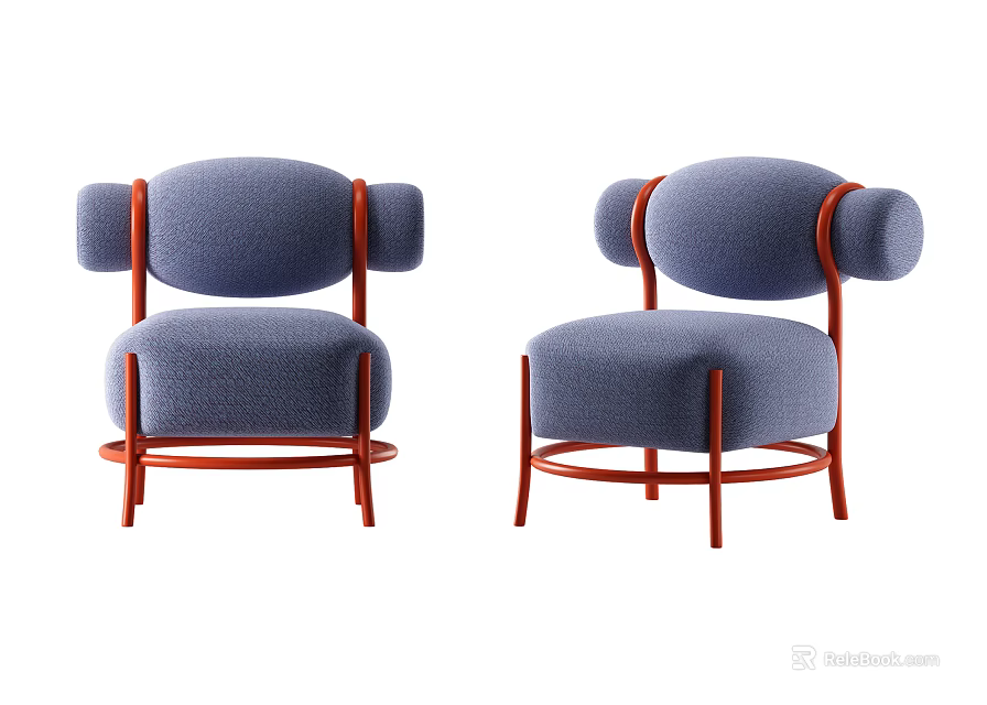 Modern Blue Single Sofa With Red Metal Frame And Rounded Armrests Design 3d model
