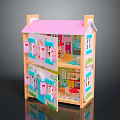 Colorful Two Story Toy House With Pink Roof Open Doors And Interior Furniture