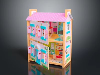 Colorful Two Story Toy House With Pink Roof Open Doors And Interior Furniture 3d model