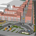 Scenic Urban Park Landscape With Red Brick Buildings Greenery And Pedestrian Walkways