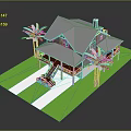 Cartoon Style House Scene With Gray Roof White Walls And Palm Trees On Green Lawn