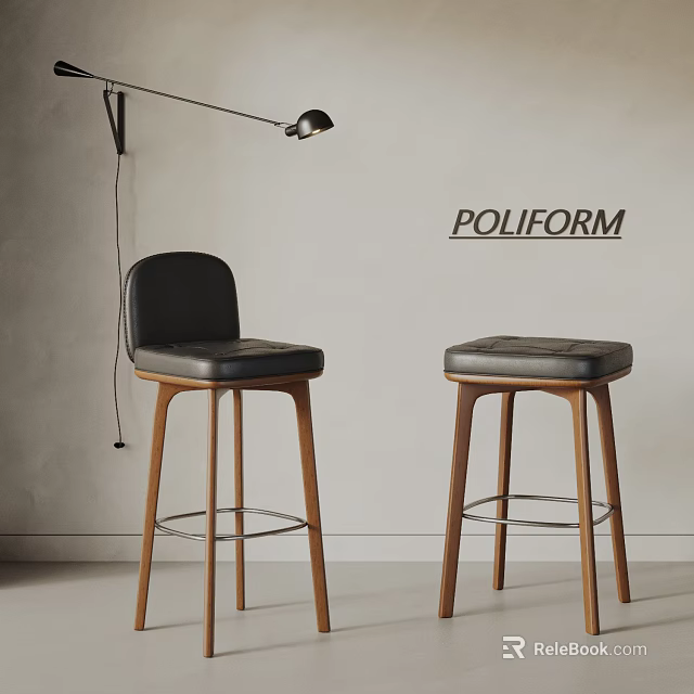 Modern Black Leather Bar Stools With Stylish Wooden Legs And Minimalist Design 3d model 