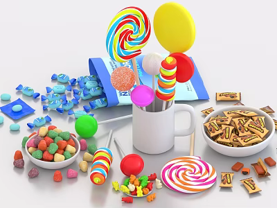 Assorted Colorful Candies With Lollipops Small Candies And Chocolate Bars In Mug And Bowls 3d model