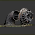 Old Rusted Electronic Device Parts Displayed on Mossy Industrial Base Stand