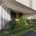 Modern Architectural Building Exterior With Curved Design White Facade And Greenery Around Entrance