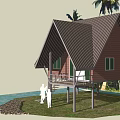 Detached Villa with Brown Roof and Balcony Near Waterfront and Palm Trees