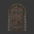 Arched Wooden Door With Stone Frame Metal Accents And Knocker Design