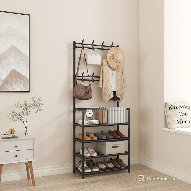 Modern Multifunctional Shoe Rack with Hanging Hooks Hat Bag Storage Boxes and Shoes 3d model 