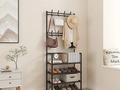Modern Multifunctional Shoe Rack with Hanging Hooks Hat Bag Storage Boxes and Shoes 3d model