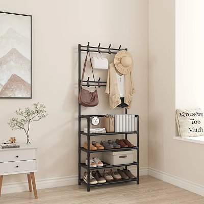 Modern Multifunctional Shoe Rack with Hanging Hooks Hat Bag Storage Boxes and Shoes 3d model
