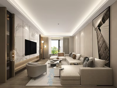 Modern Hotel Guest Room Interior With Cozy Sofa TV And Floor to Ceiling Window 3d model