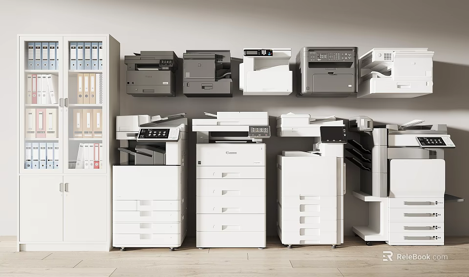 Office Appliances Collection Featuring Printers Copiers And White Storage Cabinets In Office 3d model 