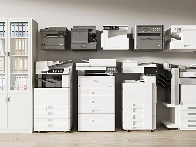 Office Appliances Collection Featuring Printers Copiers And White Storage Cabinets In Office 3d model