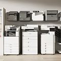 Office Appliances Collection Featuring Printers Copiers And White Storage Cabinets In Office