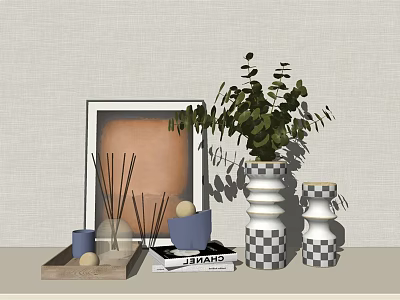 Stylish Decorative Ornament Set With Frame Green Plant Incense Sticks Candle Tray And Checkered Vases 3d model