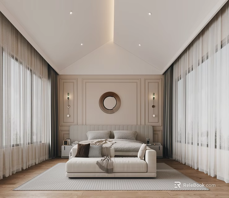 Elegant Modern Bedroom Interior With Tufted Headboard Round Wall Decor And Sheer Curtains 3d model 