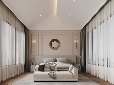 Elegant Modern Bedroom Interior With Tufted Headboard Round Wall Decor And Sheer Curtains 3d model