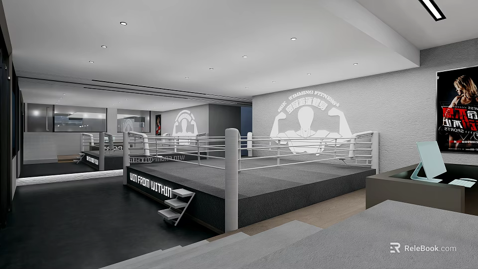 Modern Indoor Boxing Ring With White Rails Gray Floor And Wall Logo Lighting 3d model 